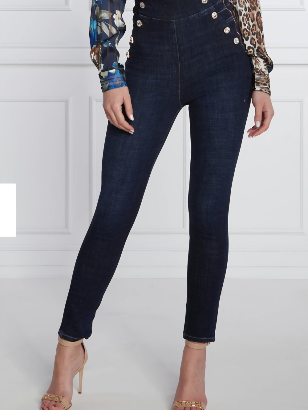 Guess Eco High-Waist Navy Skinny Jeans with Rhinestone Button Detail